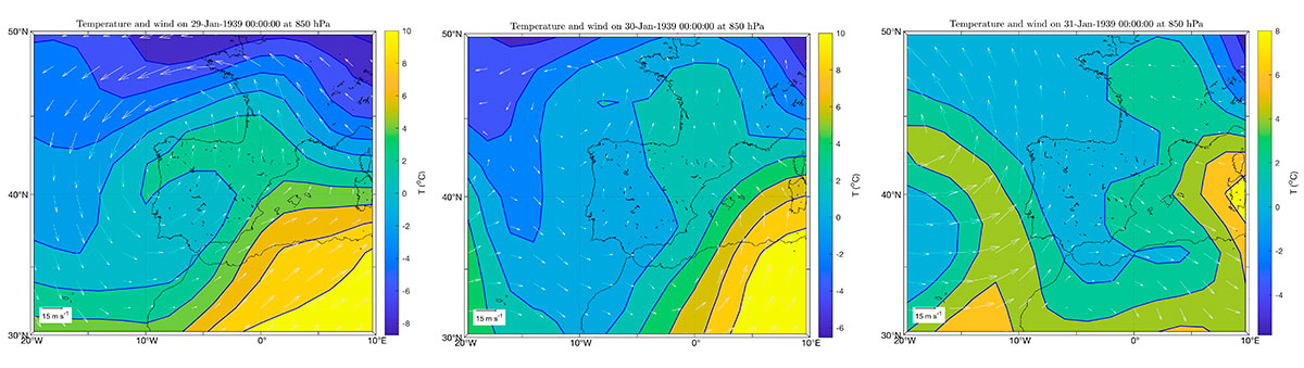 Temperatura i velocitat i direcció del vent a partir de les dades de reanàlisi del Centre Europeu de Prediccions Meteorològiques a Mitjà Termini